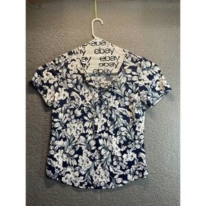 Forever‎ Jade Women's Size L  Pullover Tunic Lace Up VNeck Blue Floral